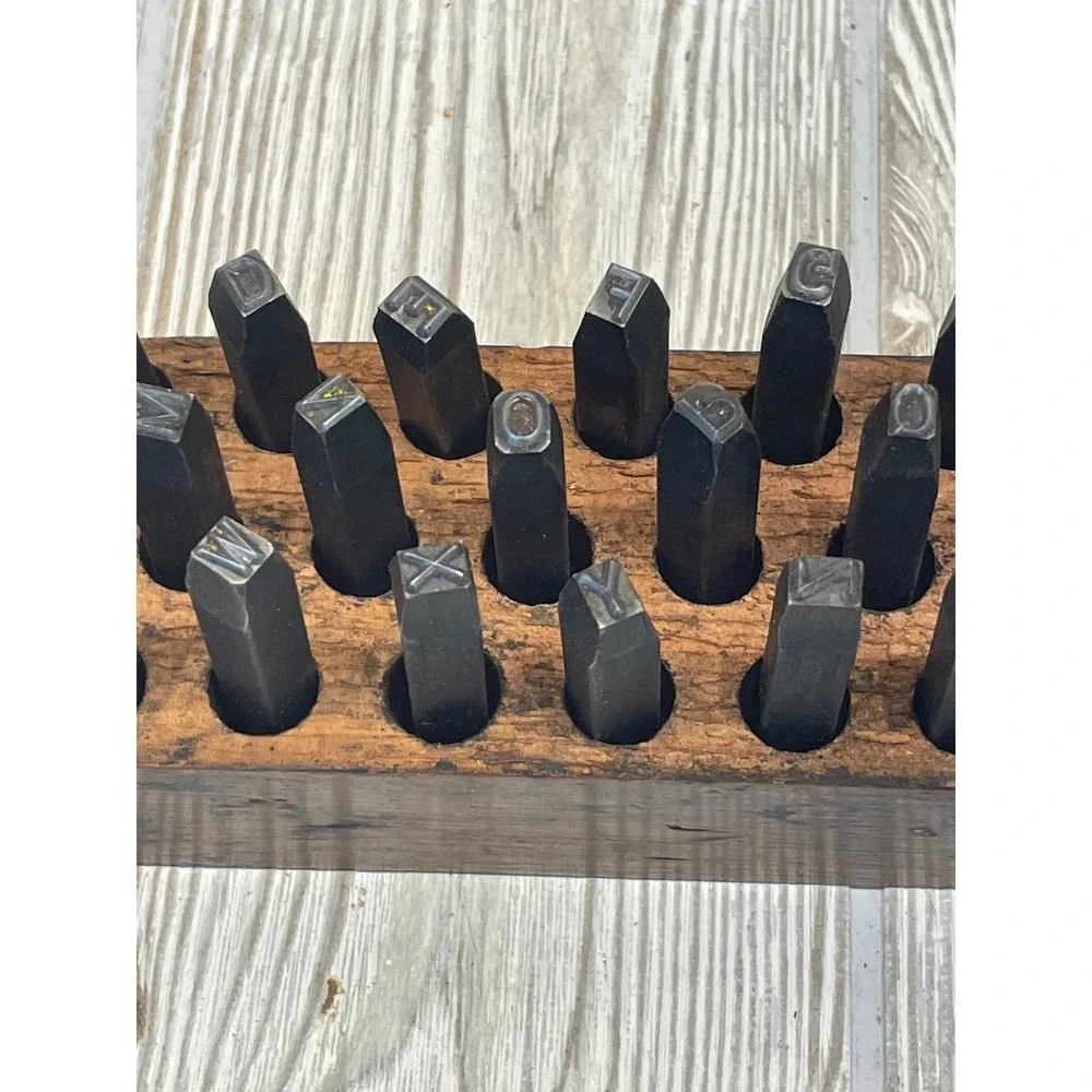 Vintage Industrial Metal Letter Stamp Set Alphabet A-Z with Wooden Storage Box